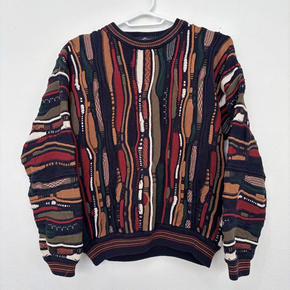 Vintage Mens Y2K 3D Knit Sweater Large Granola Earthy Retro Colorful 90s